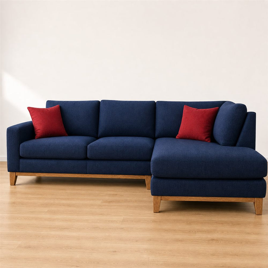 Blue Ridge navy sectional sofa in a bright living room